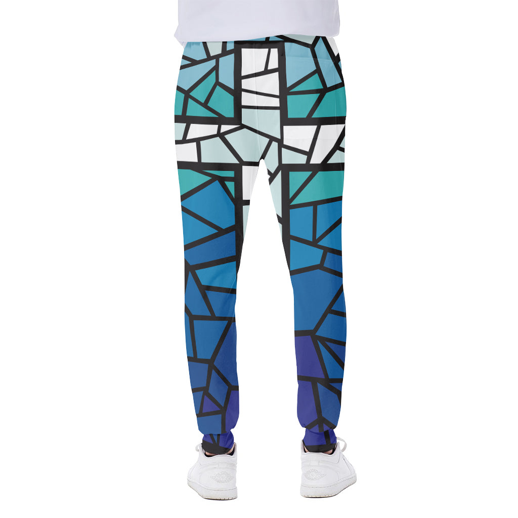 Blue Stained Glass Cross Print Scuba Joggers