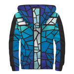 Blue Stained Glass Cross Print Sherpa Lined Zip Up Hoodie