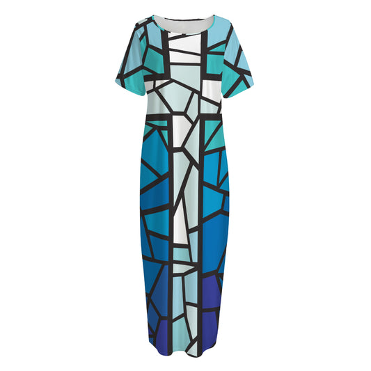 Blue Stained Glass Cross Print Short Sleeve Long Nightdress