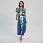 Blue Stained Glass Cross Print Short Sleeve Maxi Dress