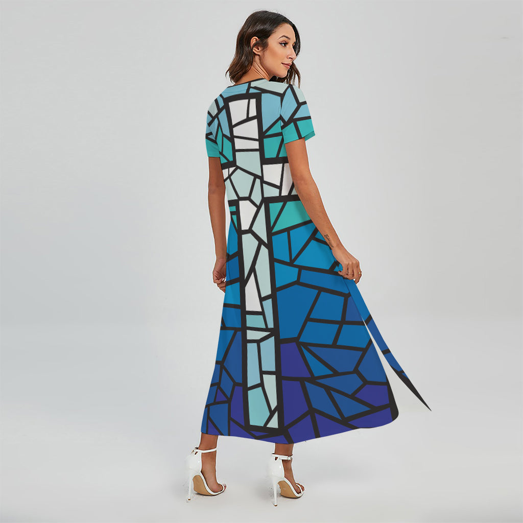 Blue Stained Glass Cross Print Short Sleeve Maxi Dress