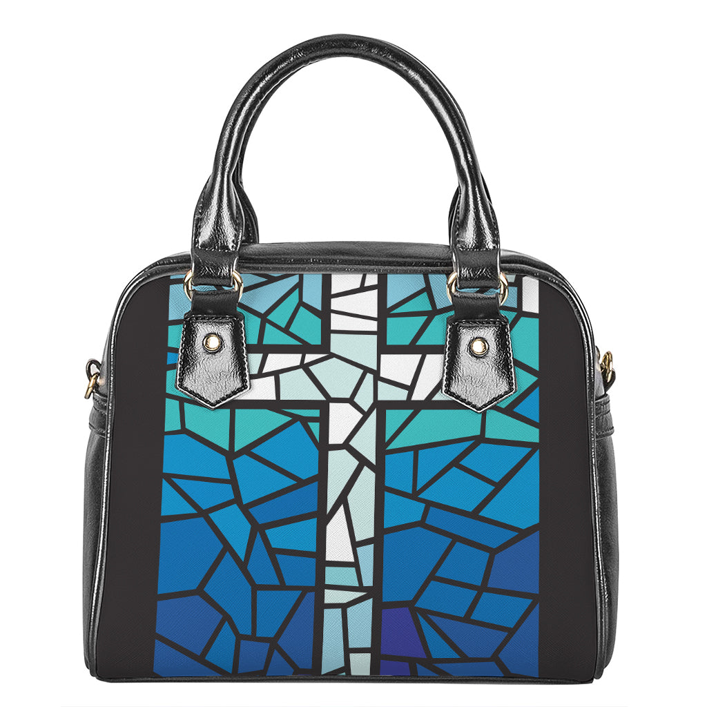 Blue Stained Glass Cross Print Shoulder Handbag