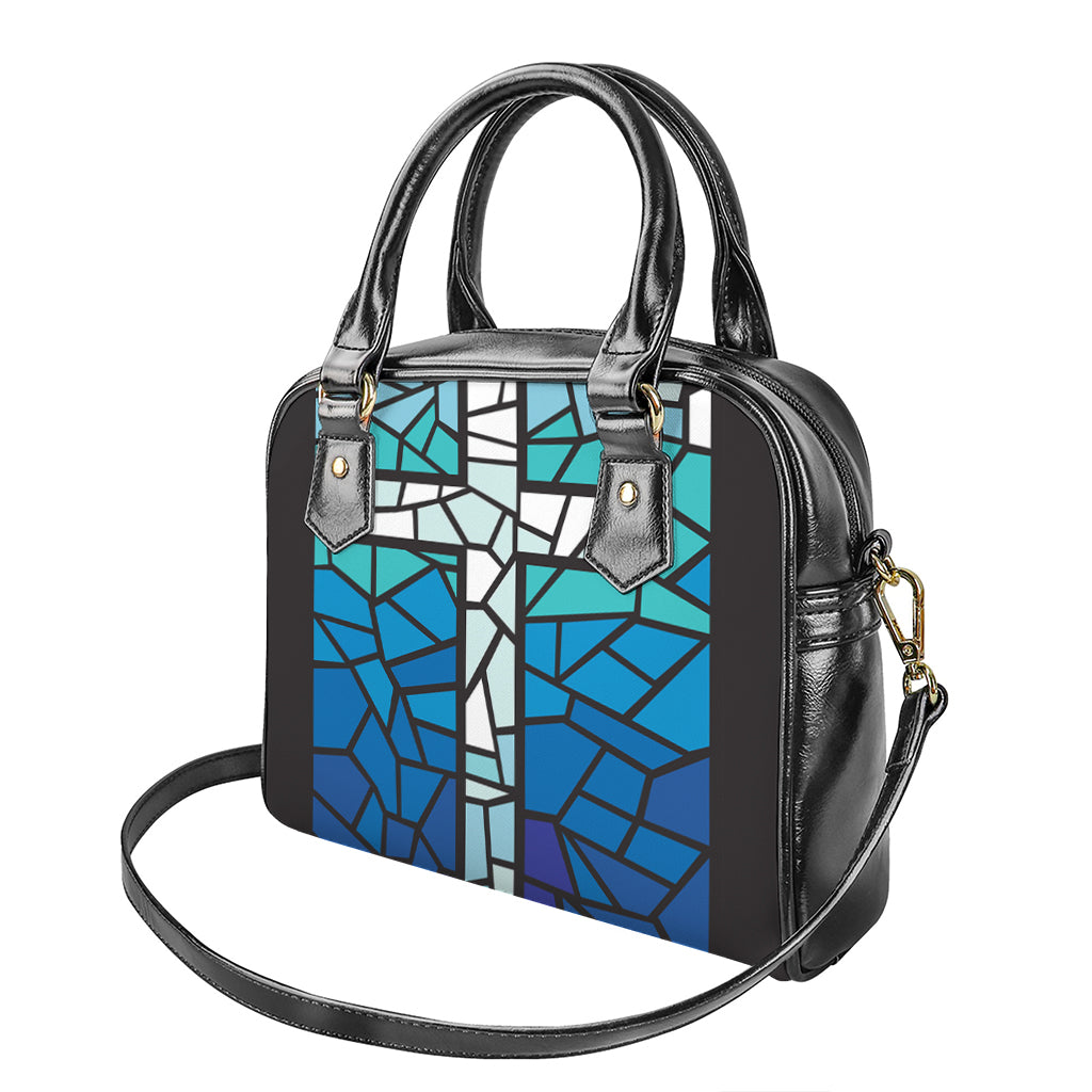 Blue Stained Glass Cross Print Shoulder Handbag