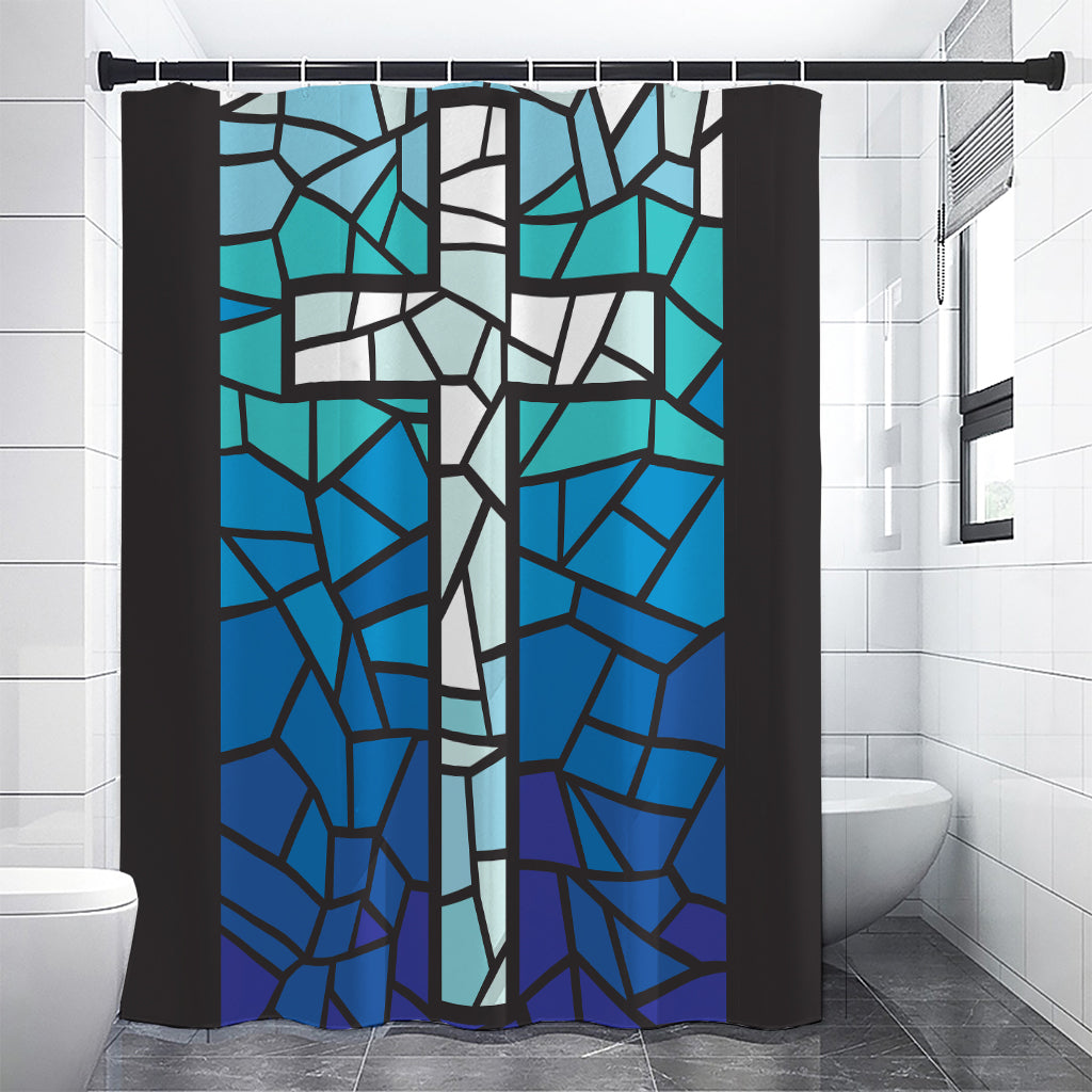 Blue Stained Glass Cross Print Shower Curtain