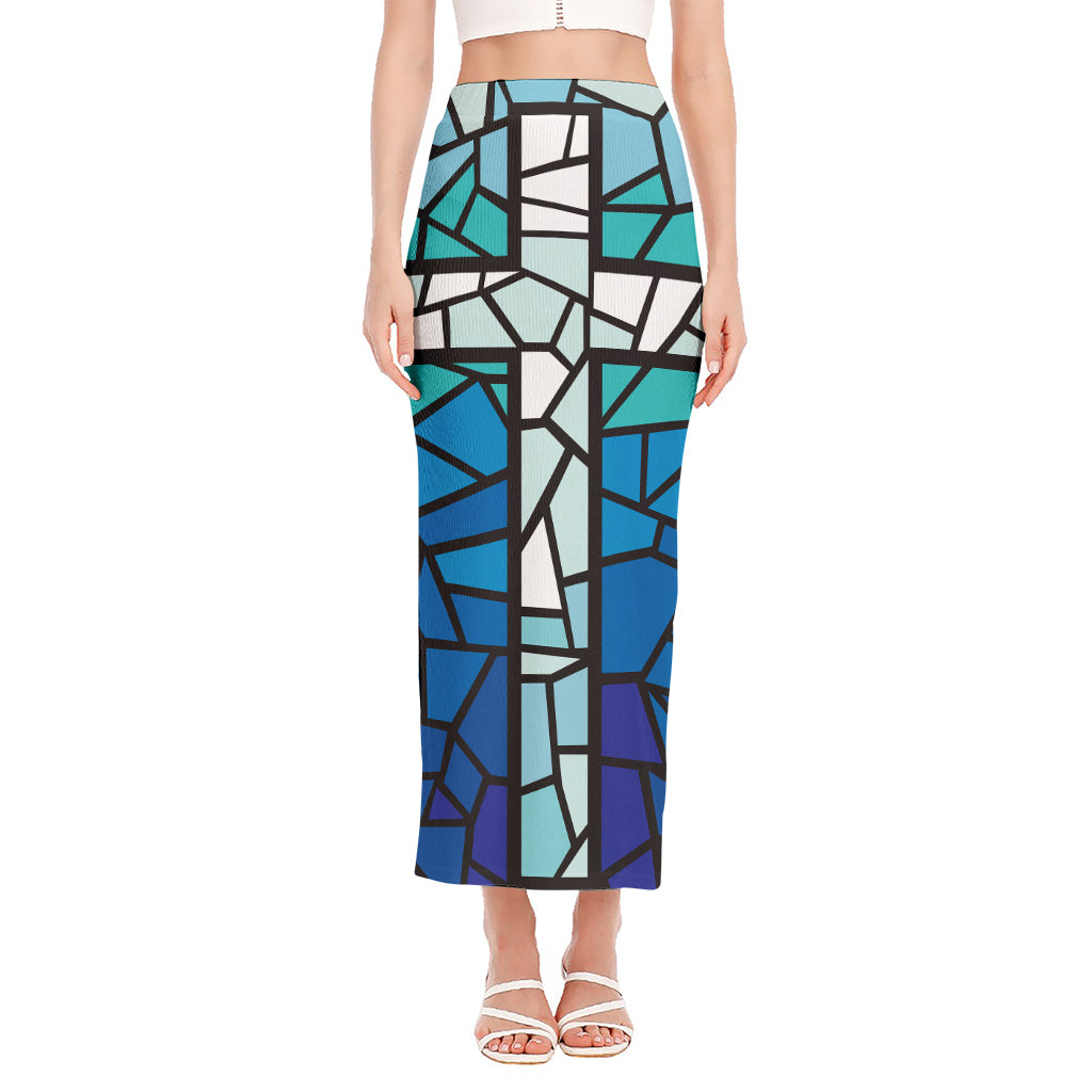 Blue Stained Glass Cross Print Side Slit Maxi Skirt