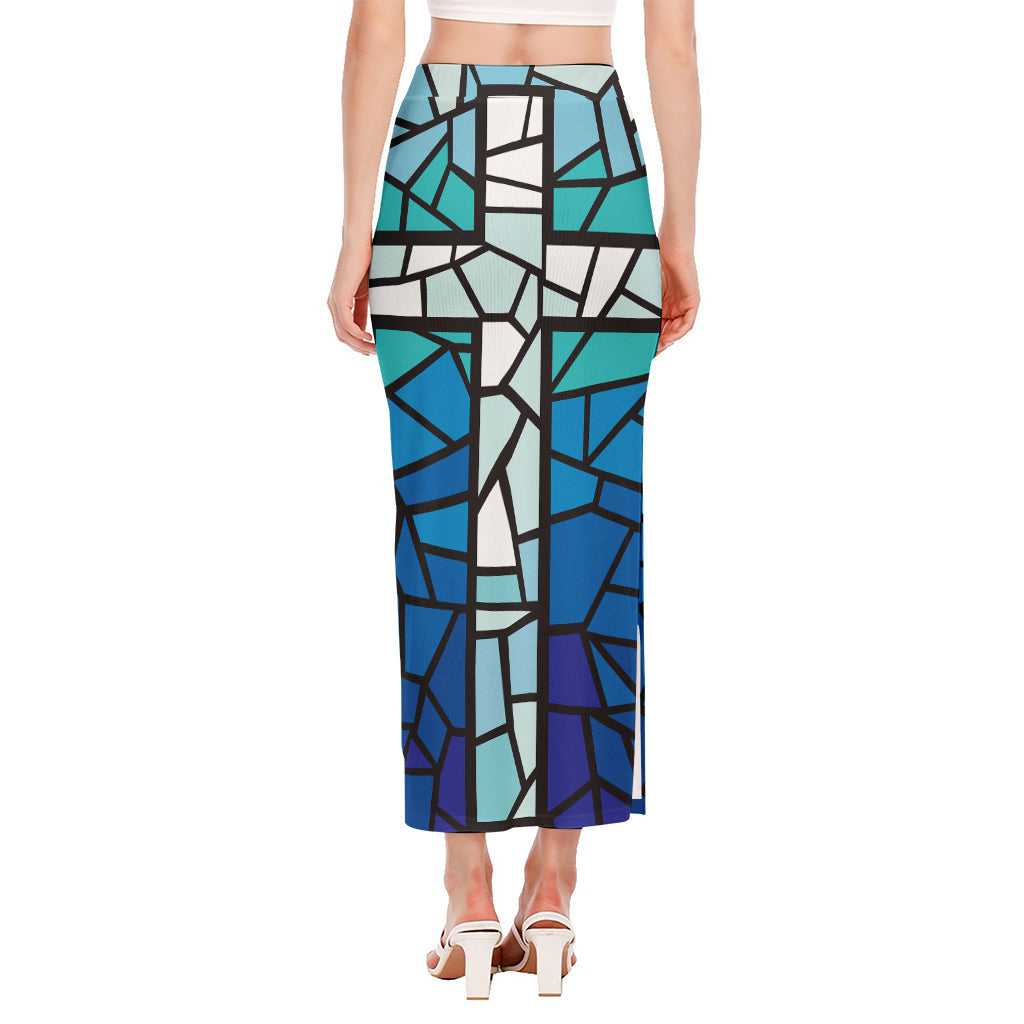 Blue Stained Glass Cross Print Side Slit Maxi Skirt