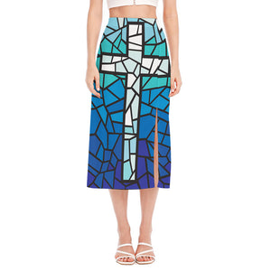 Blue Stained Glass Cross Print Side Slit Midi Skirt