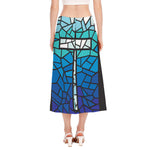 Blue Stained Glass Cross Print Side Slit Midi Skirt