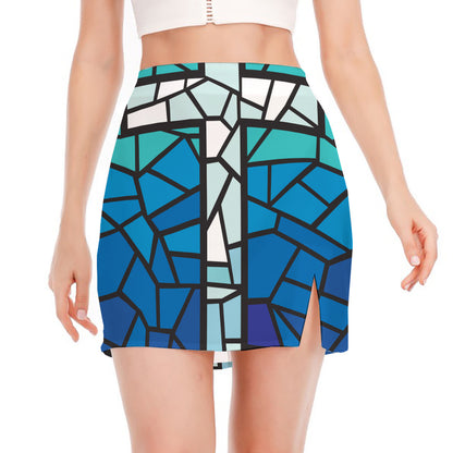 Blue Stained Glass Cross Print Side Slit Mini Skirt