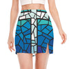 Blue Stained Glass Cross Print Side Slit Mini Skirt