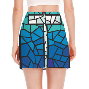 Blue Stained Glass Cross Print Side Slit Mini Skirt