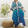 Blue Stained Glass Cross Print Silk V-Neck Kaftan Dress