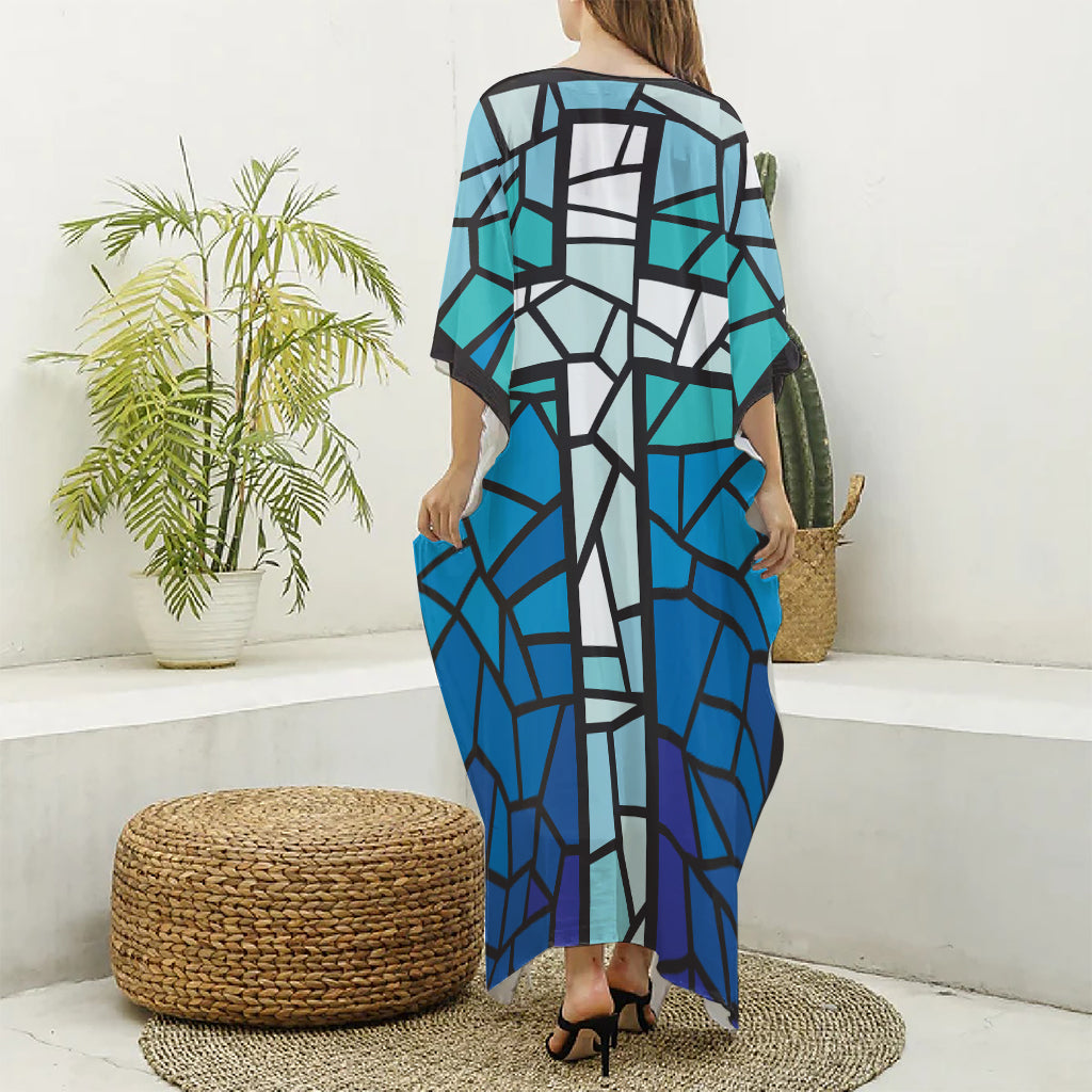 Blue Stained Glass Cross Print Silk V-Neck Kaftan Dress