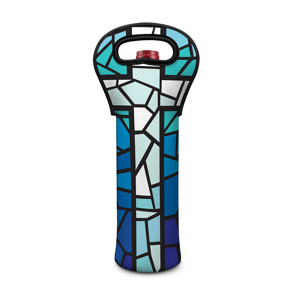 Blue Stained Glass Cross Print Single Neoprene Wine Tote