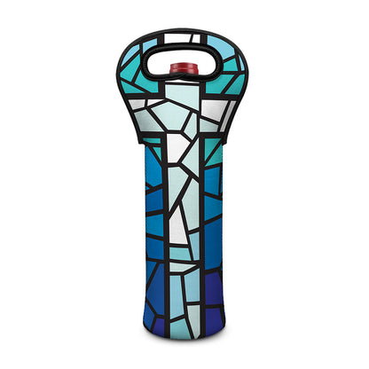 Blue Stained Glass Cross Print Single Neoprene Wine Tote
