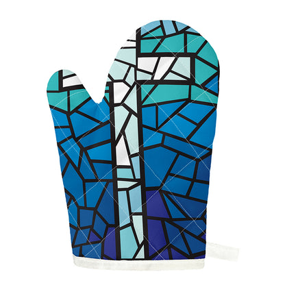 Blue Stained Glass Cross Print Single Oven Mitt