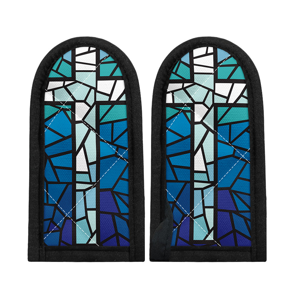Blue Stained Glass Cross Print Skillet Handle Cover