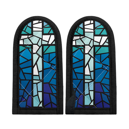 Blue Stained Glass Cross Print Skillet Handle Cover