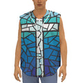 Blue Stained Glass Cross Print Sleeveless Baseball Jersey