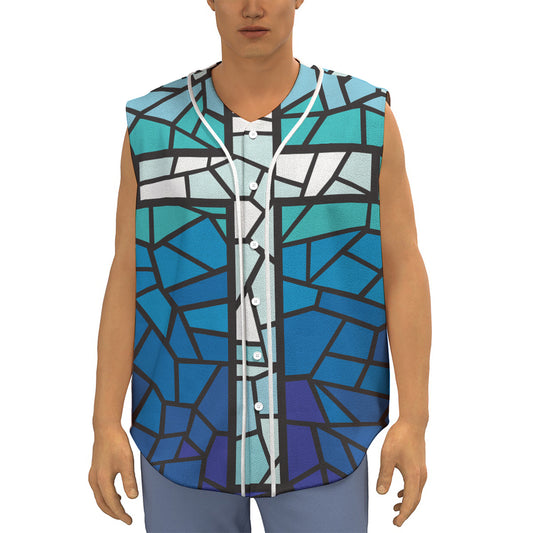 Blue Stained Glass Cross Print Sleeveless Baseball Jersey