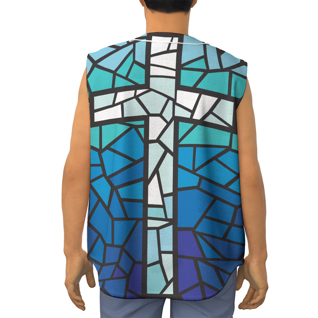 Blue Stained Glass Cross Print Sleeveless Baseball Jersey
