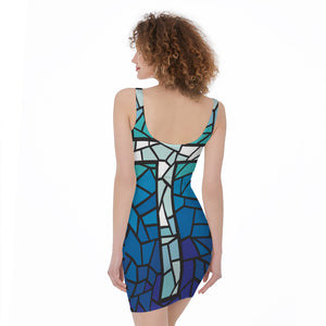 Blue Stained Glass Cross Print Sleeveless Bodycon Dress