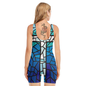 Blue Stained Glass Cross Print Sleeveless One Piece Swimsuit