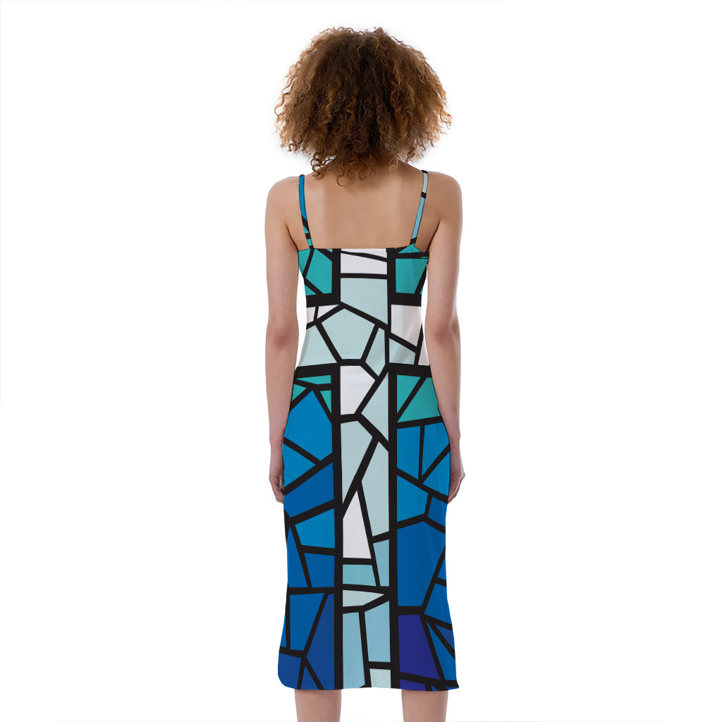 Blue Stained Glass Cross Print Slim Fit Midi Cami Dress