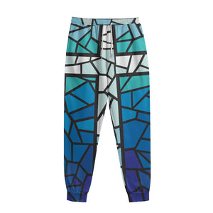 Blue Stained Glass Cross Print Sweatpants