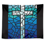 Blue Stained Glass Cross Print Tapestry