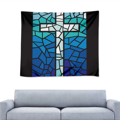 Blue Stained Glass Cross Print Tapestry