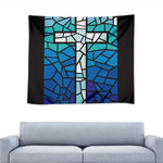 Blue Stained Glass Cross Print Tapestry
