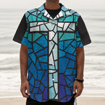 Blue Stained Glass Cross Print Textured Short Sleeve Shirt