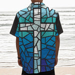 Blue Stained Glass Cross Print Textured Short Sleeve Shirt