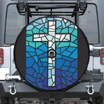 Blue Stained Glass Cross Print Tire Cover With Camera Hole