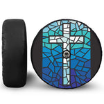 Blue Stained Glass Cross Print Tire Cover With Camera Hole