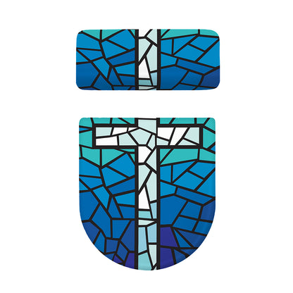 Blue Stained Glass Cross Print Toilet Lid And Tank Cover Set