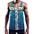 Blue Stained Glass Cross Print Men's Workout Tank Top