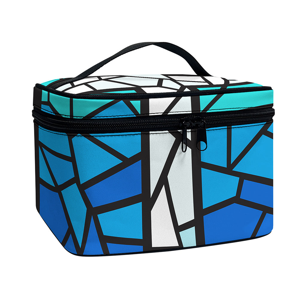 Blue Stained Glass Cross Print Travel Makeup Bag