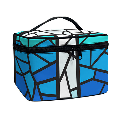 Blue Stained Glass Cross Print Travel Makeup Bag