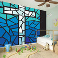 Blue Stained Glass Cross Print Wall Sticker