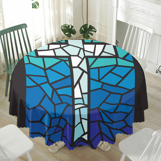 Blue Stained Glass Cross Print Waterproof Round Tablecloth