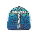 Blue Stained Glass Cross Print White Mesh Trucker Hat