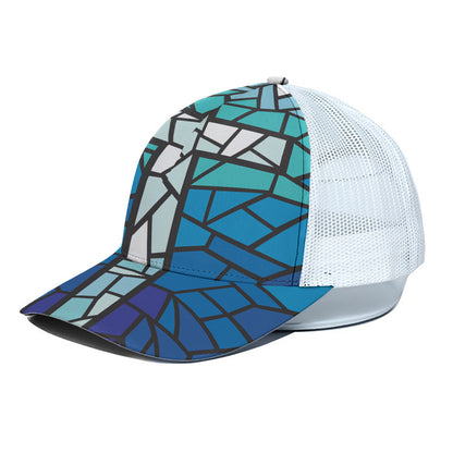 Blue Stained Glass Cross Print White Mesh Trucker Cap