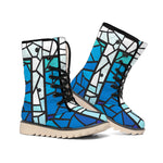Blue Stained Glass Cross Print Winter Boots