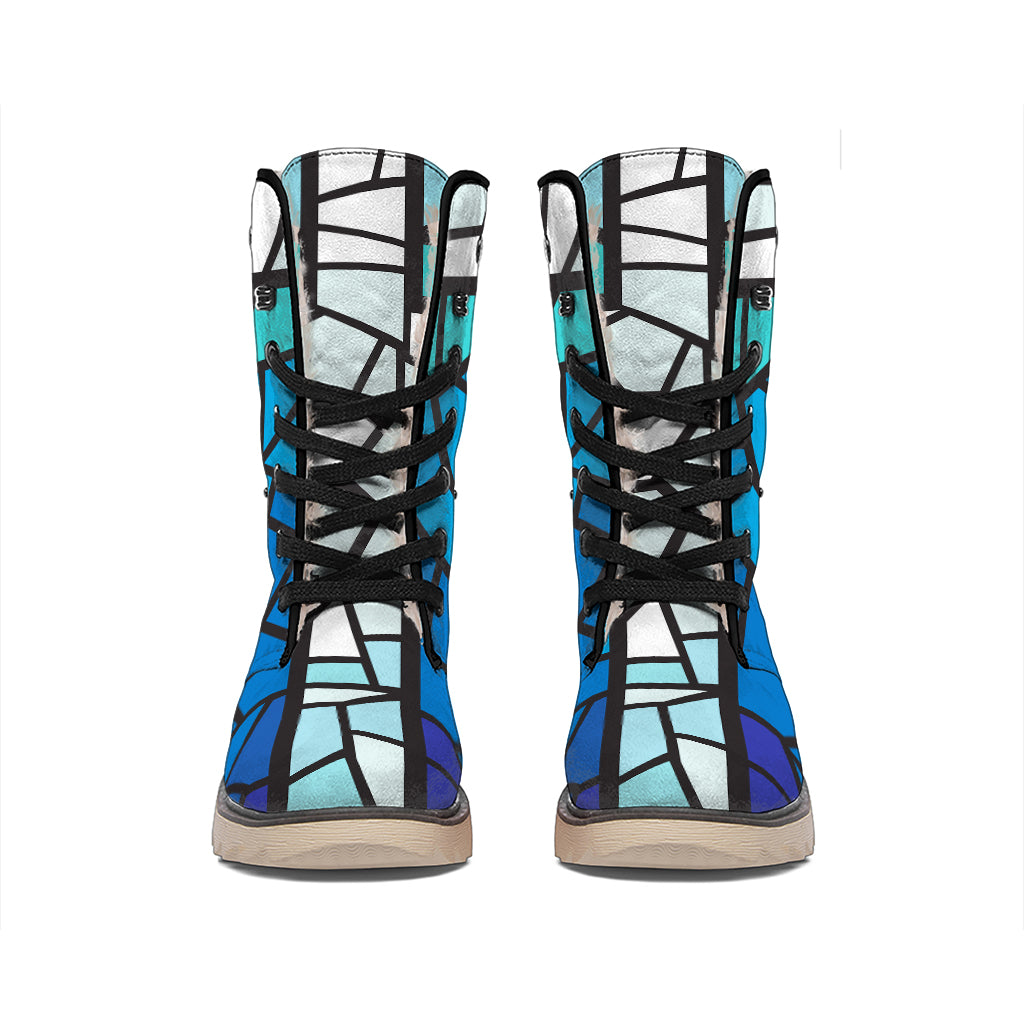 Blue Stained Glass Cross Print Winter Boots