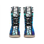 Blue Stained Glass Cross Print Winter Boots