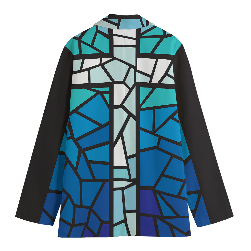 Blue Stained Glass Cross Print Women's Blazer