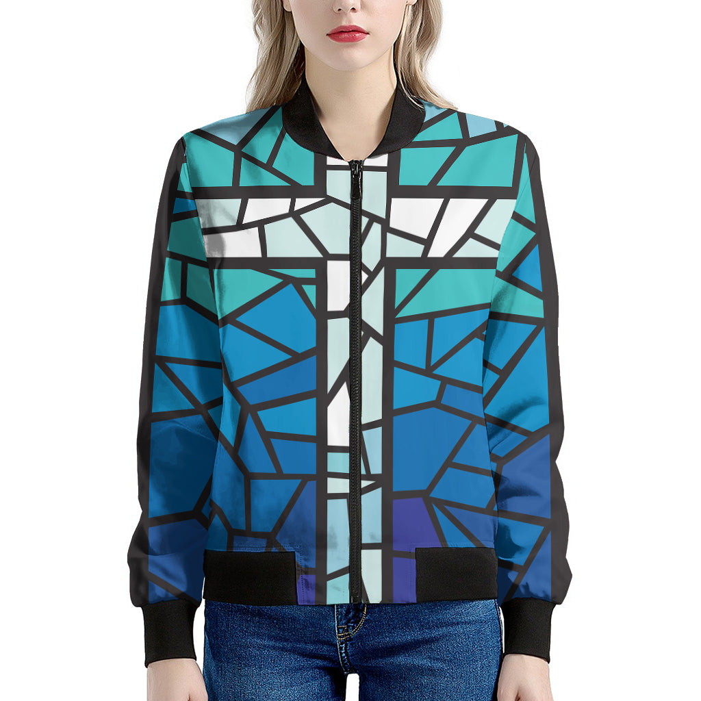 Blue Stained Glass Cross Print Women's Bomber Jacket