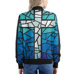 Blue Stained Glass Cross Print Women's Bomber Jacket